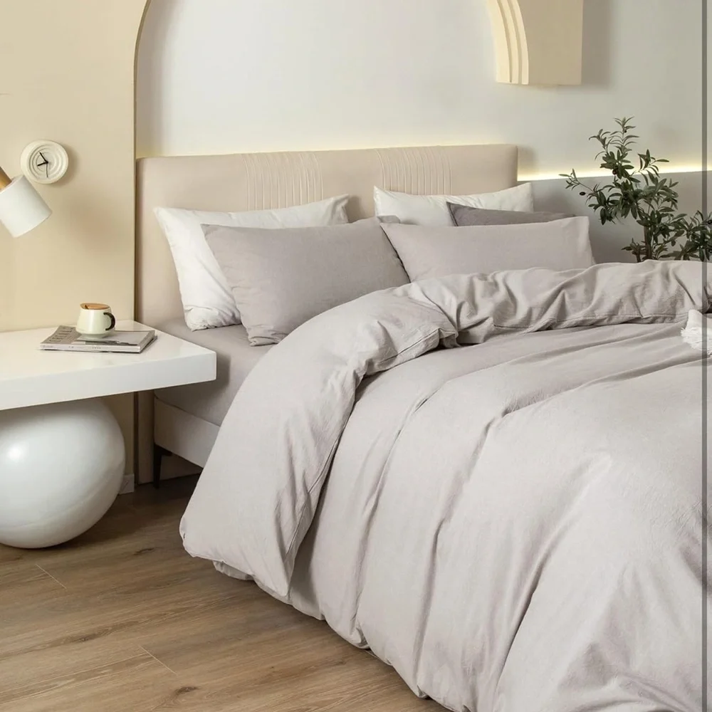 JIYUAN 100% Washed Cotton Duvet Cover Set 2 Pieces Twin Heather Grey 68x90